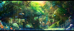 Lush Overgrown Solarpunk Village with Sunlit Architecture and Vibrant Flora HD wallpaper