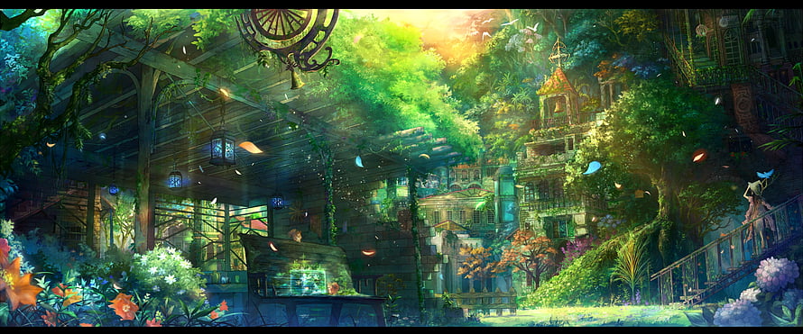 Lush Overgrown Solarpunk Village with Sunlit Architecture and Vibrant Flora HD wallpaper