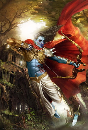 Rama the Saviour wielding bow and arrow in golden armor with red cape HD phone wallpaper