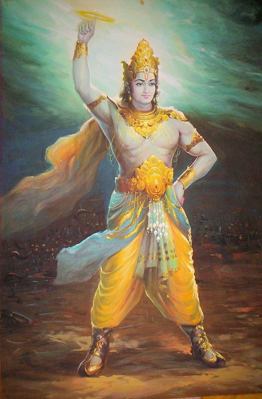 Lord Krishna wielding the Sudarshana Chakra in a dramatic mythological painting HD phone wallpaper