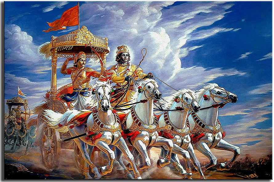 Lord Krishna and Arjuna on the Divine Chariot in the Mahabharata Epic HD wallpaper