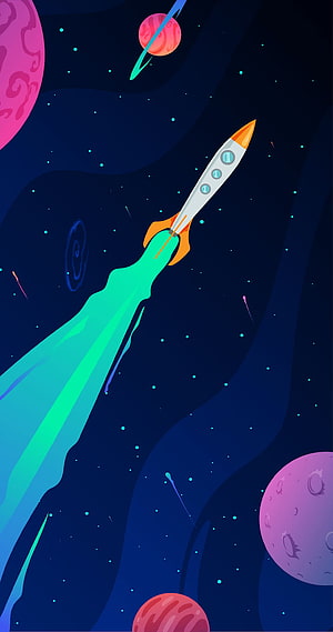 Retro Rocket Launching Through Colorful Space With Planets and Stars HD phone wallpaper