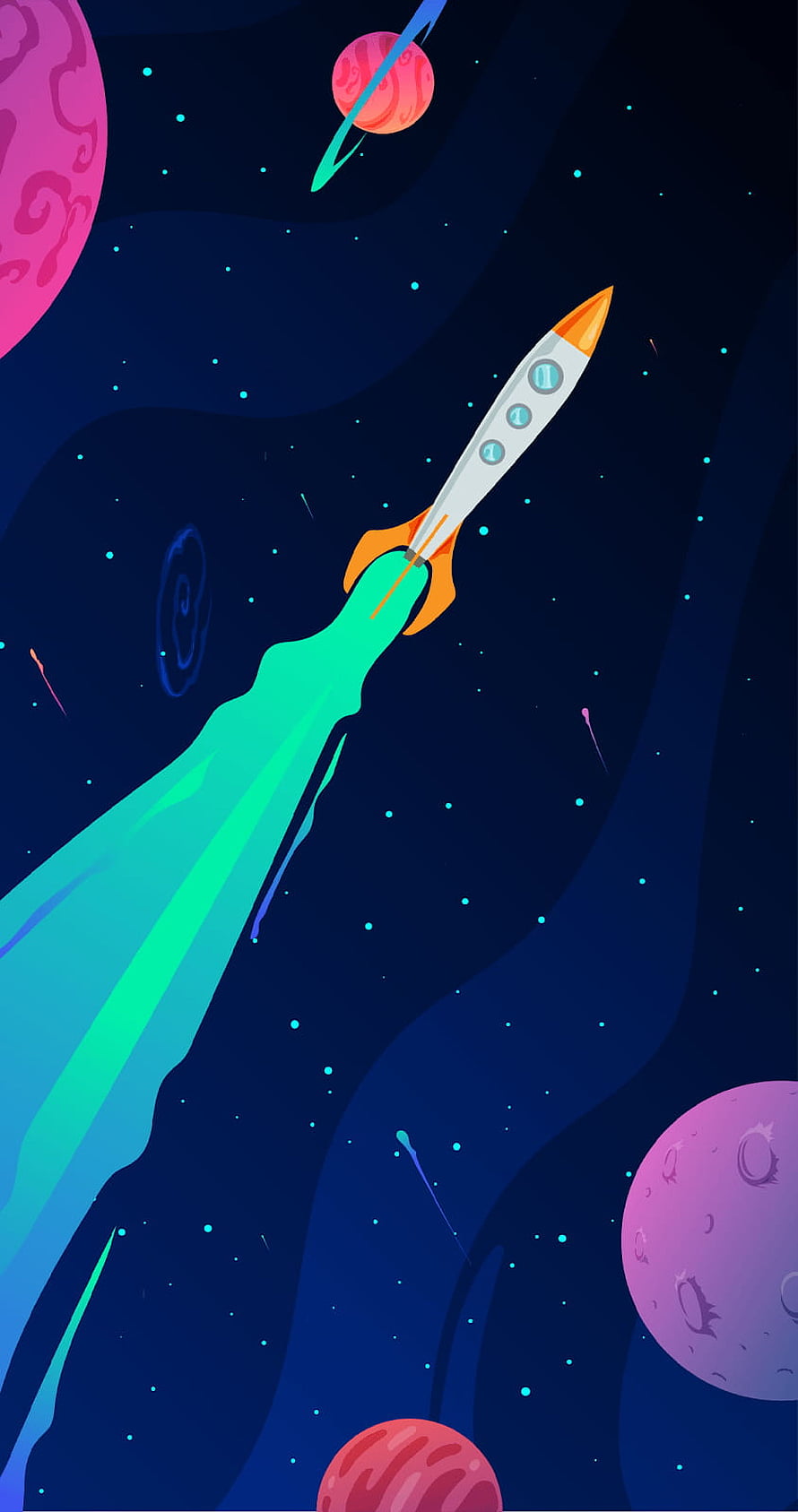 Retro Rocket Launching Through Colorful Space With Planets and Stars HD phone wallpaper
