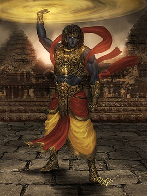 Blue-skinned Hindu deity with golden armor and red sash standing in ancient temple ruins HD phone wallpaper