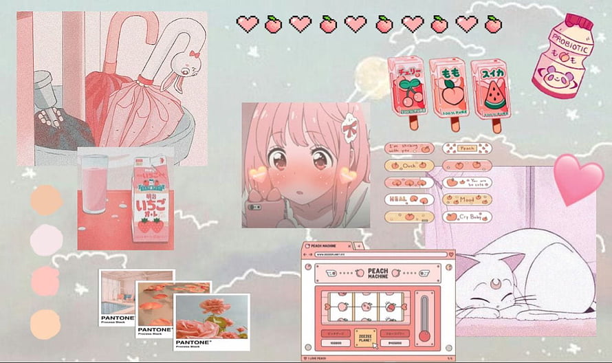 Pink Aesthetic Anime Collage with Peach Theme, Cute Cat, and Retro UI Elements HD wallpaper
