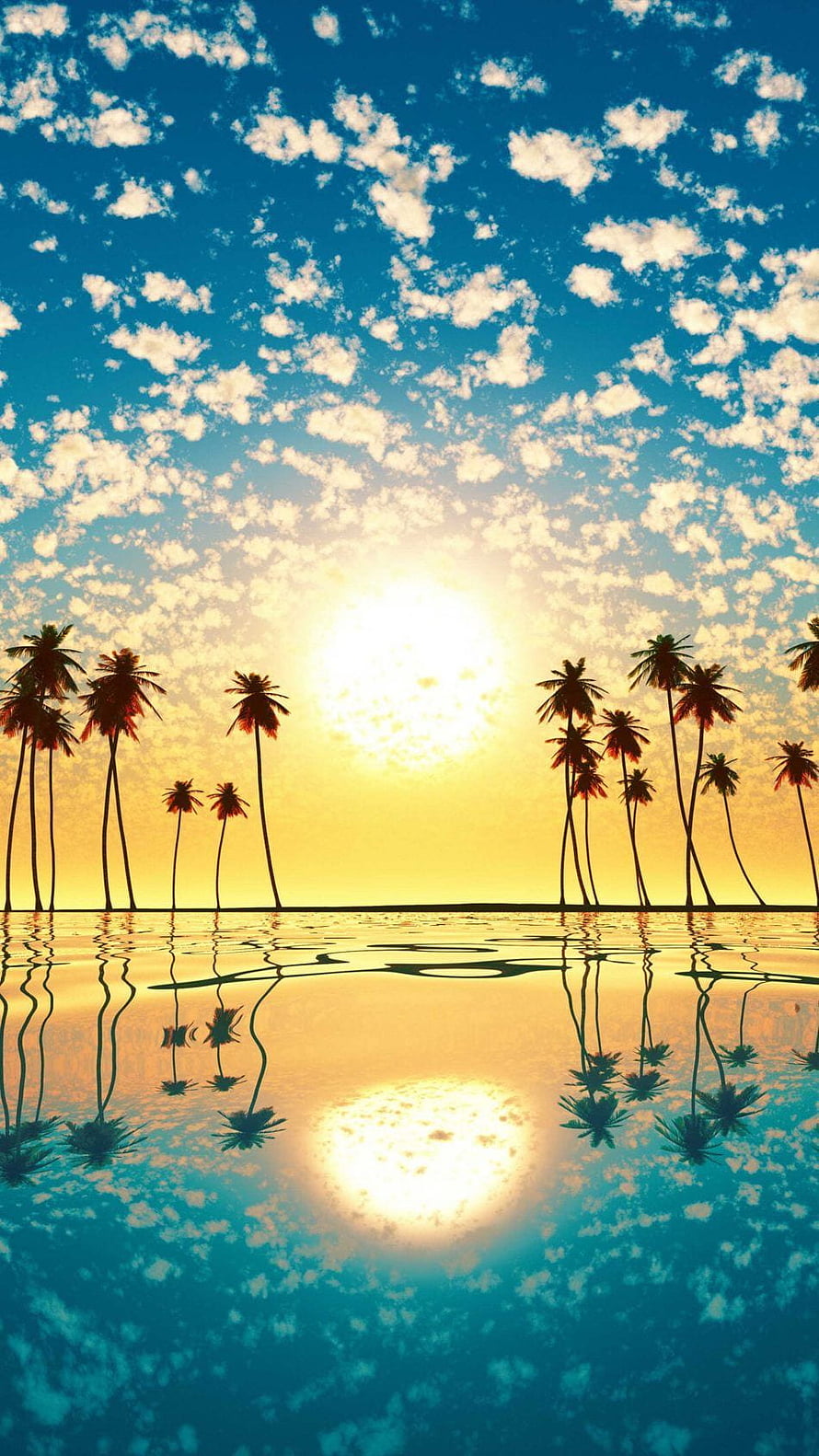 Tropical Palm Tree Silhouettes at Golden Sunset with Perfect Water Reflection HD phone wallpaper