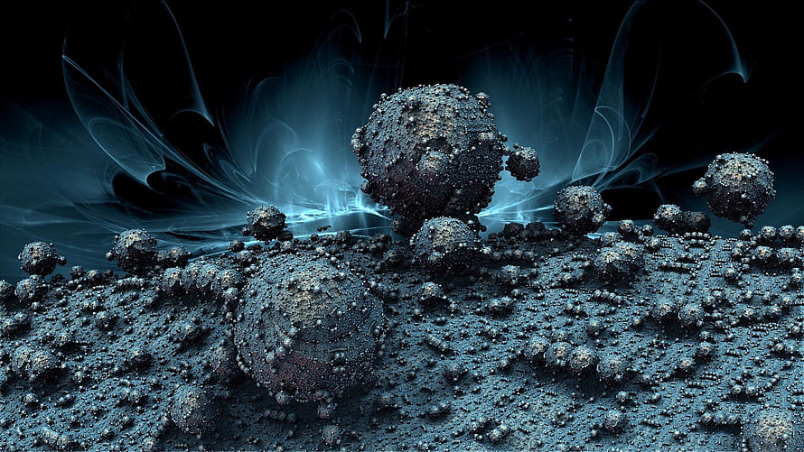Abstract Dark Terrain With Glowing Blue Energy And Textured Spheres HD wallpaper