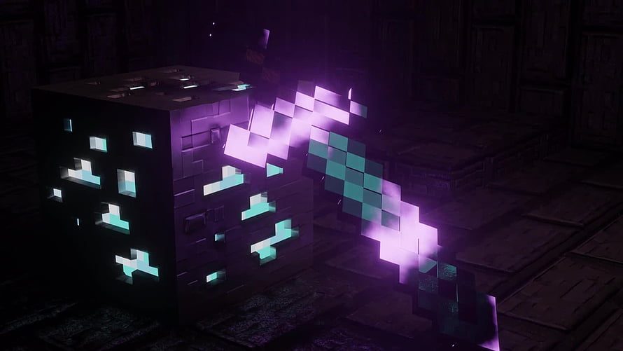 Minecraft Enchanted Sword Pixel Effect with Purple and Cyan Glow in Dark Room HD wallpaper