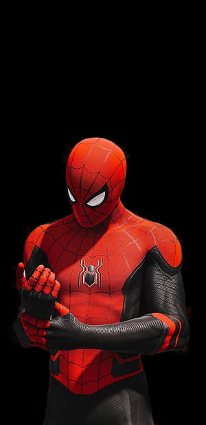 Spider-Man in Advanced Suit Adjusting Gauntlet on Black Background, spider amoled, #Spider HD phone wallpaper