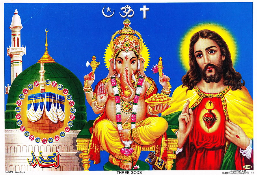 Interfaith Harmony Artwork Featuring Ganesha, Jesus, and Islamic Symbols HD wallpaper