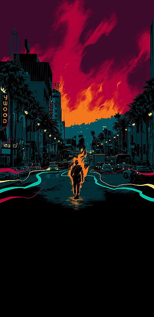 Cyberpunk Los Angeles Street Scene With Fiery Silhouette And Neon Lights HD phone wallpaper