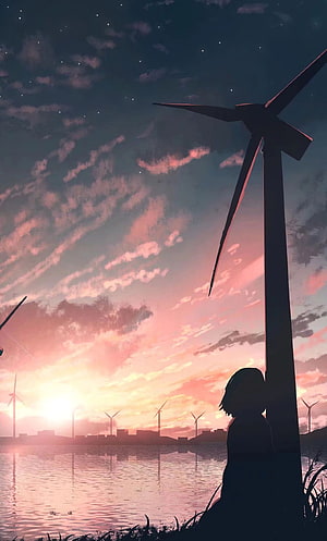 Silhouette of a girl sitting by the water at sunset with wind turbines in the distance HD phone wallpaper