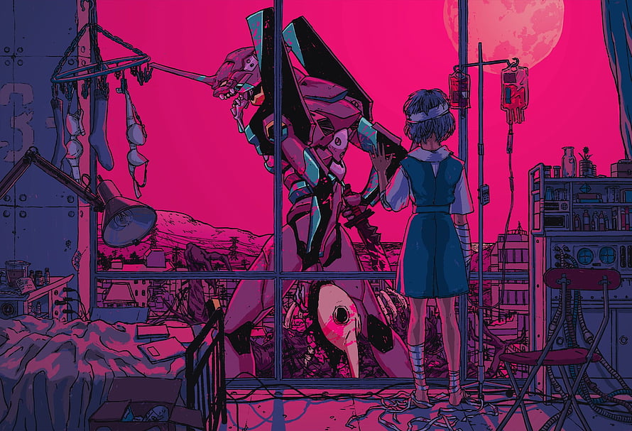 Neon Genesis Evangelion Unit-01 and Rei Ayanami in a Cyberpunk Medical Bay HD wallpaper