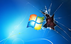 Windows 7 Logo Shattered by Attack on Titan Character Breaking Through Glass HD wallpaper