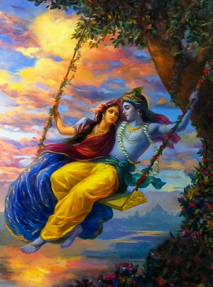 Radha and Krishna on a Swing at Sunset - Romantic Hindu Mythology Art, Lord Krishna 2018, radha krishna HD phone wallpaper