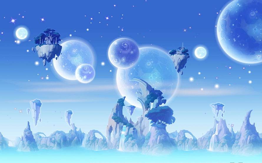 MapleStory Fantasy Sky with Floating Islands and Glowing Planets HD wallpaper