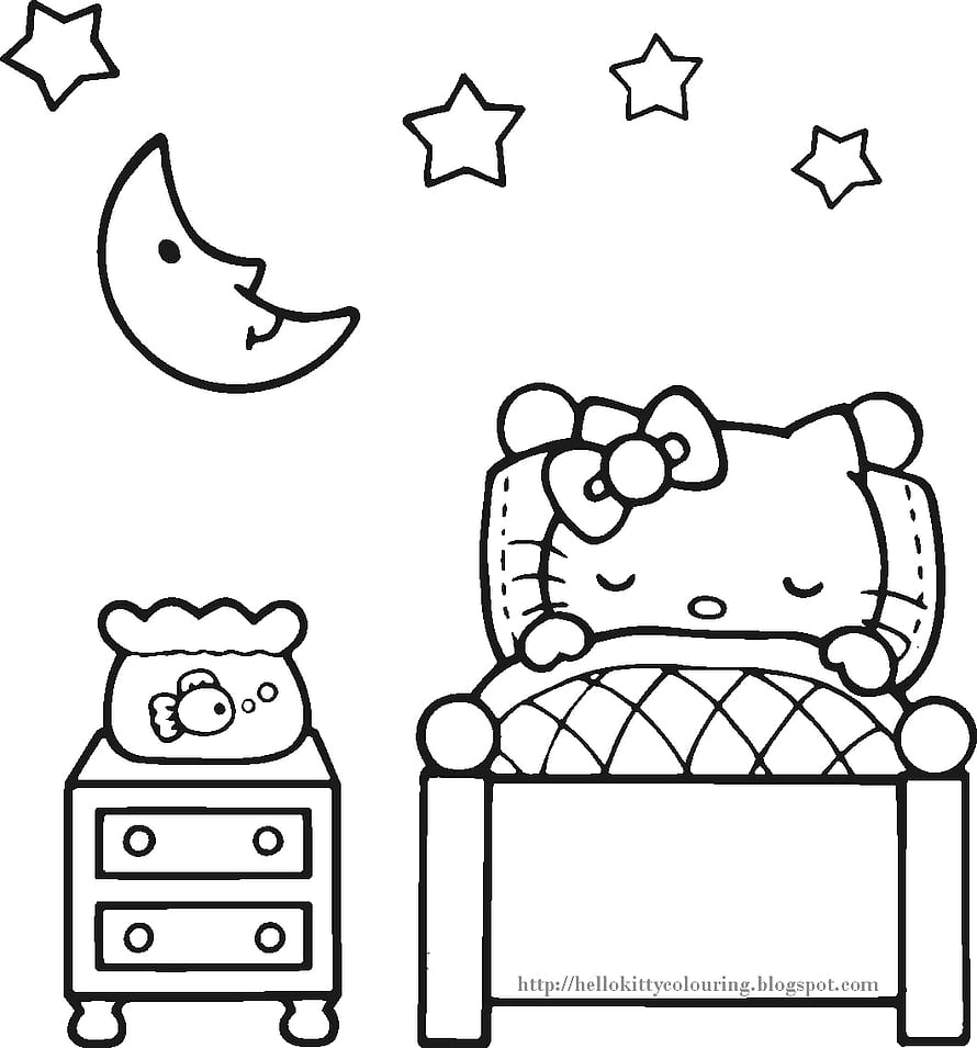 Hello Kitty Sleeping in Bed with Moon and Stars Coloring Page HD phone wallpaper