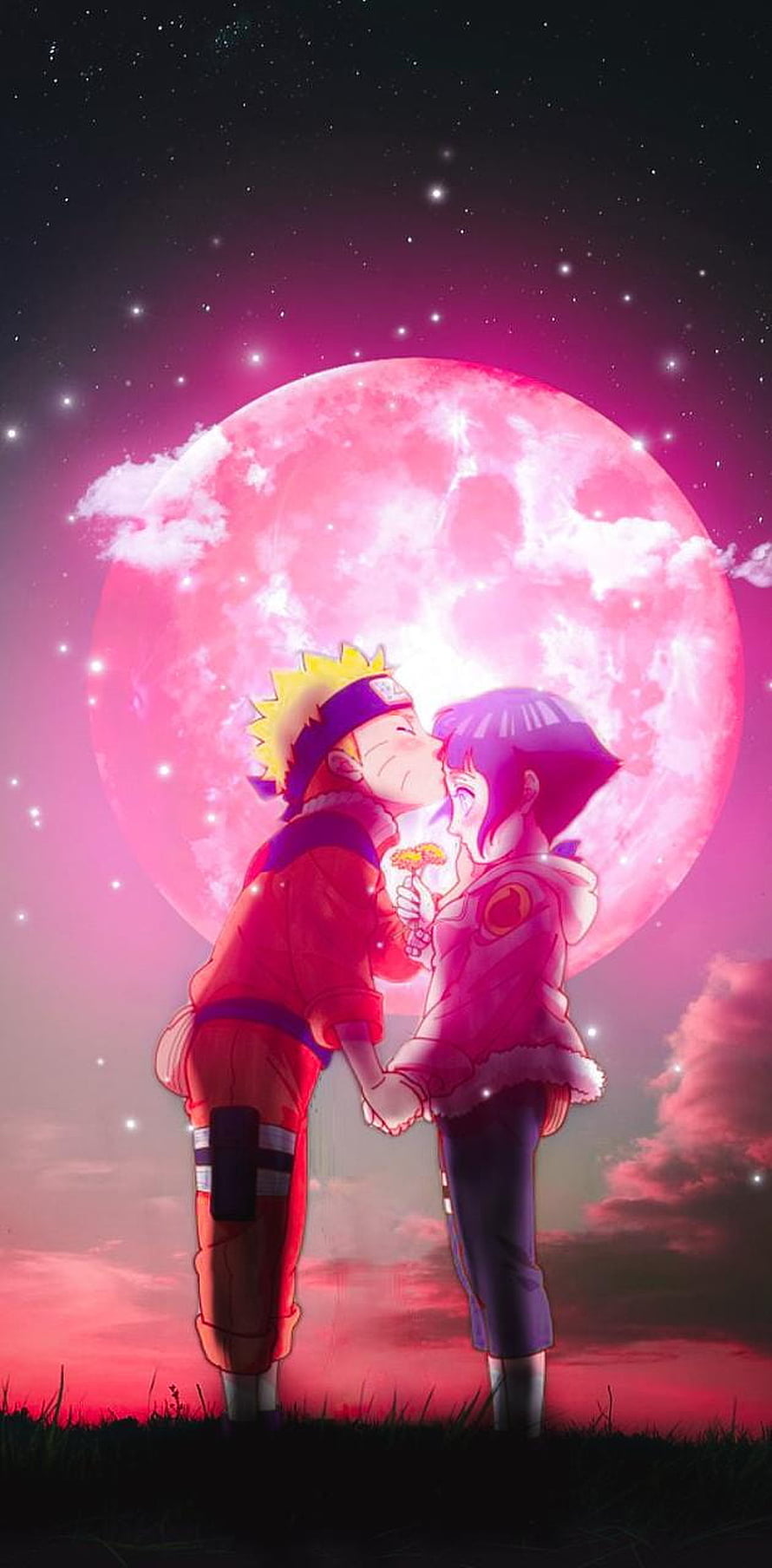 Naruto and Hinata sharing a romantic kiss under a giant pink moon in a starry night sky, Naruto hinata by Berlinxop, hinata naruto HD phone wallpaper