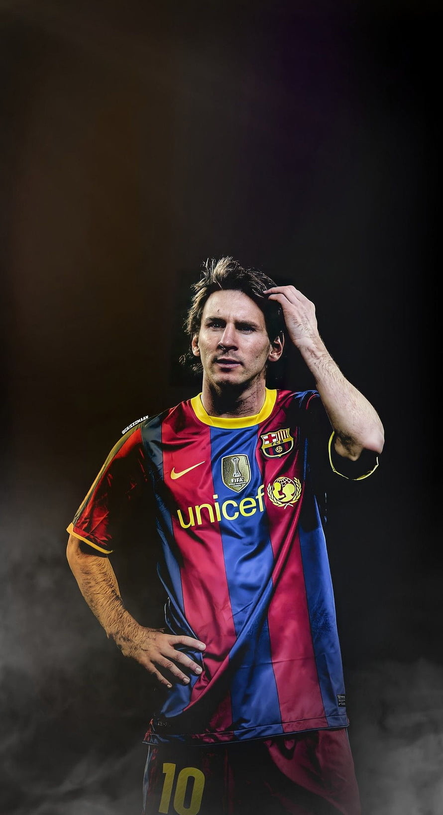 Lionel Messi in FC Barcelona 2015 Kit with Hand on Head HD phone wallpaper