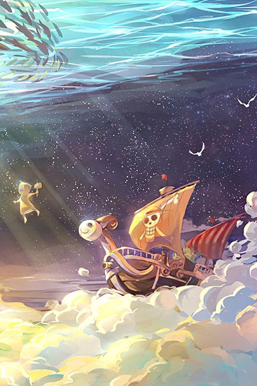 One Piece Pirate Ship Sailing Through Starry Clouds Fantasy Illustration HD phone wallpaper