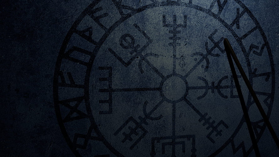 Dark Blue Rune Circle With Compass Design And Mystical Symbols HD wallpaper