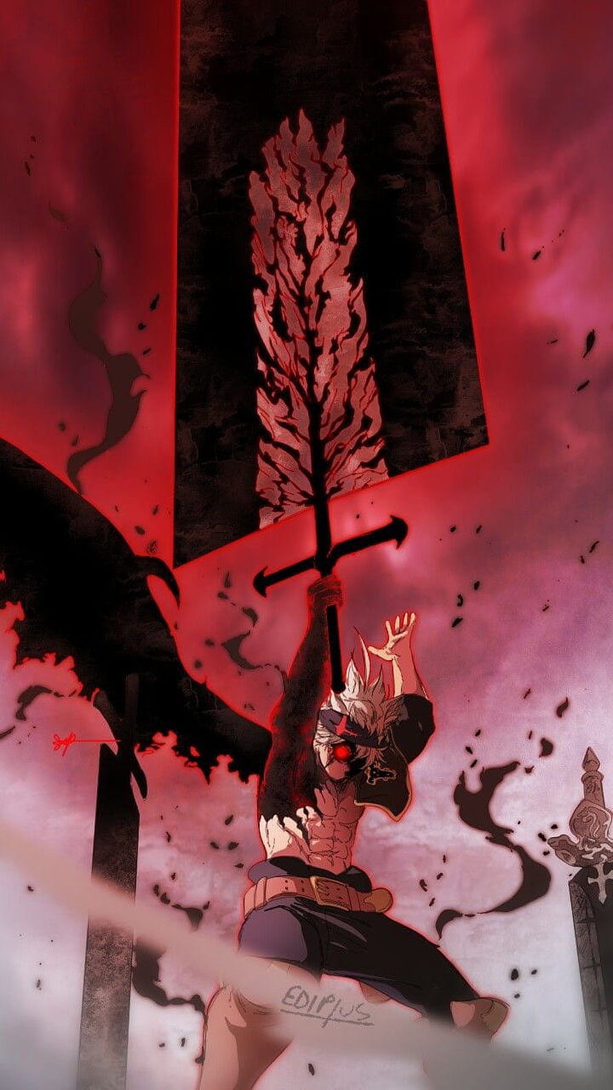 Asta from Black Clover wielding a massive anti-magic sword in a dramatic red and black anime scene HD phone wallpaper