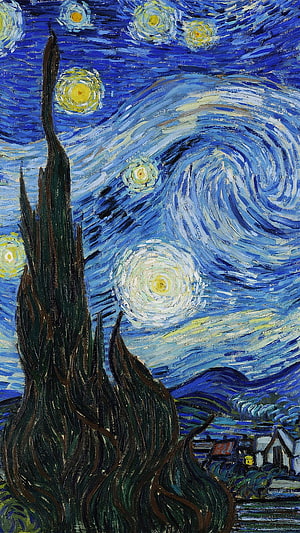 Vincent van Gogh The Starry Night Oil Painting with Swirling Sky and Cypress Tree HD phone wallpaper