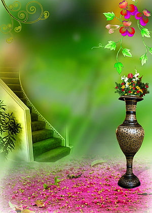 Decorative Brass Vase With Flowers On Pink Carpet Near Green Staircase HD phone wallpaper