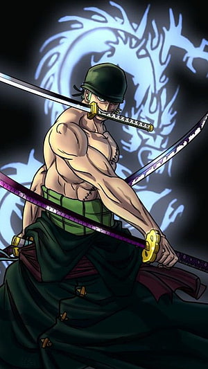 Roronoa Zoro Three-Sword Style Anime Illustration with Dragon Aura HD phone wallpaper