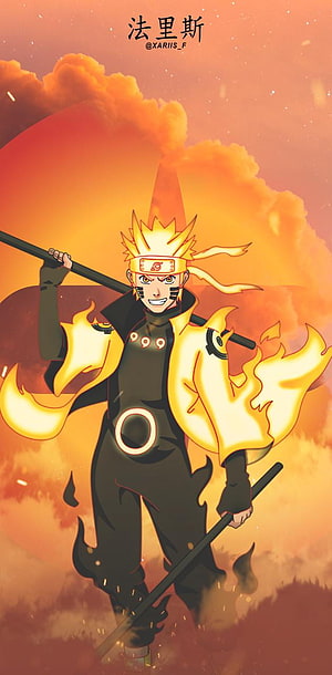 Naruto Uzumaki in Sage Mode with Flame Cloak and Staff Against Fiery Sky HD phone wallpaper