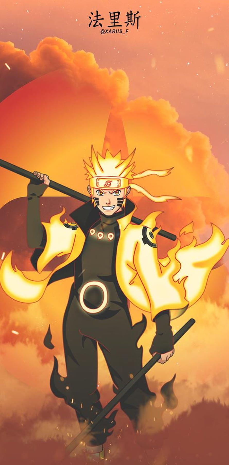 Naruto Uzumaki in Sage Mode with Flame Cloak and Staff Against Fiery Sky HD phone wallpaper