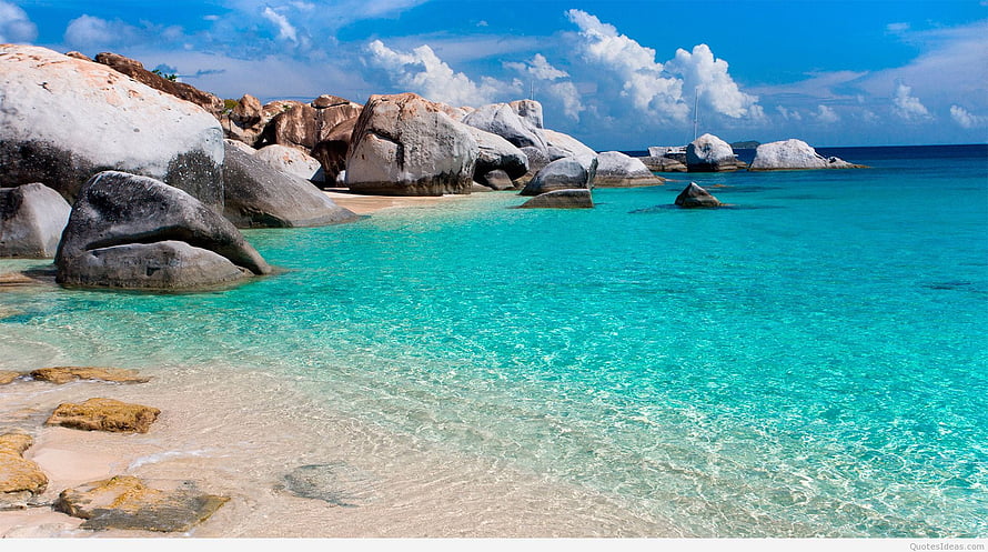 Tropical Beach Landscape With Turquoise Water And Granite Boulders HD wallpaper