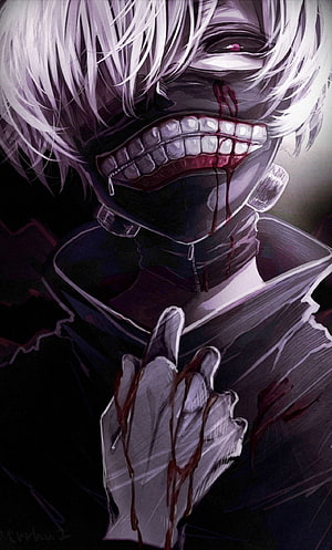 Kaneki Ken from Tokyo Ghoul wearing a grotesque mask with blood dripping from his mouth and hand HD phone wallpaper