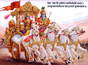 Krishna and Arjuna in the Kurukshetra War Chariot from the Mahabharata HD wallpaper