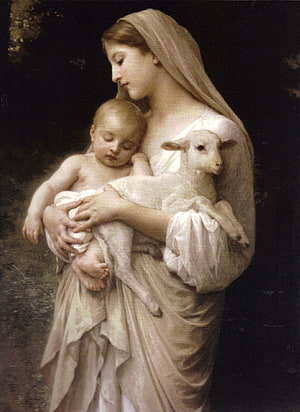 Classical Oil Painting of the Virgin Mary Cradling the Christ Child and a Lamb HD phone wallpaper
