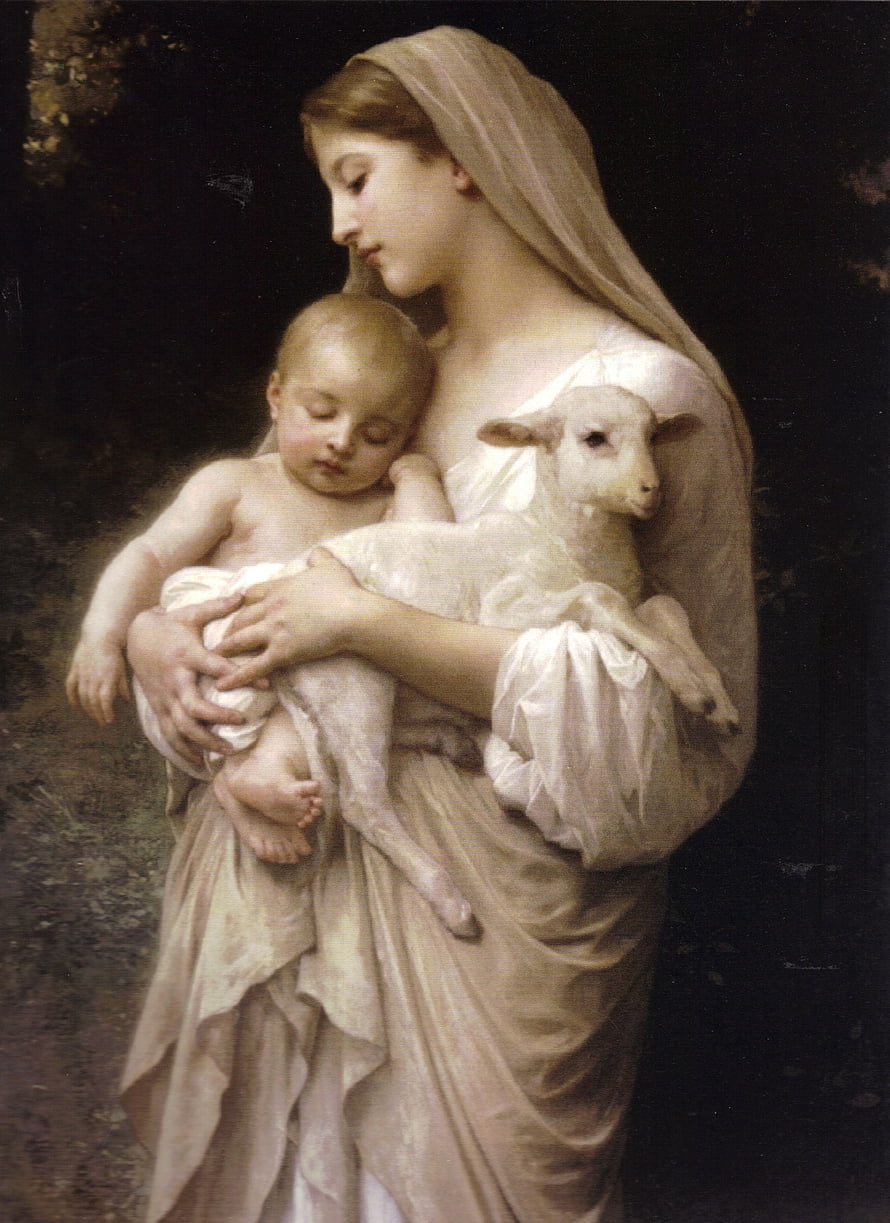 Classical Oil Painting of the Virgin Mary Cradling the Christ Child and a Lamb HD phone wallpaper