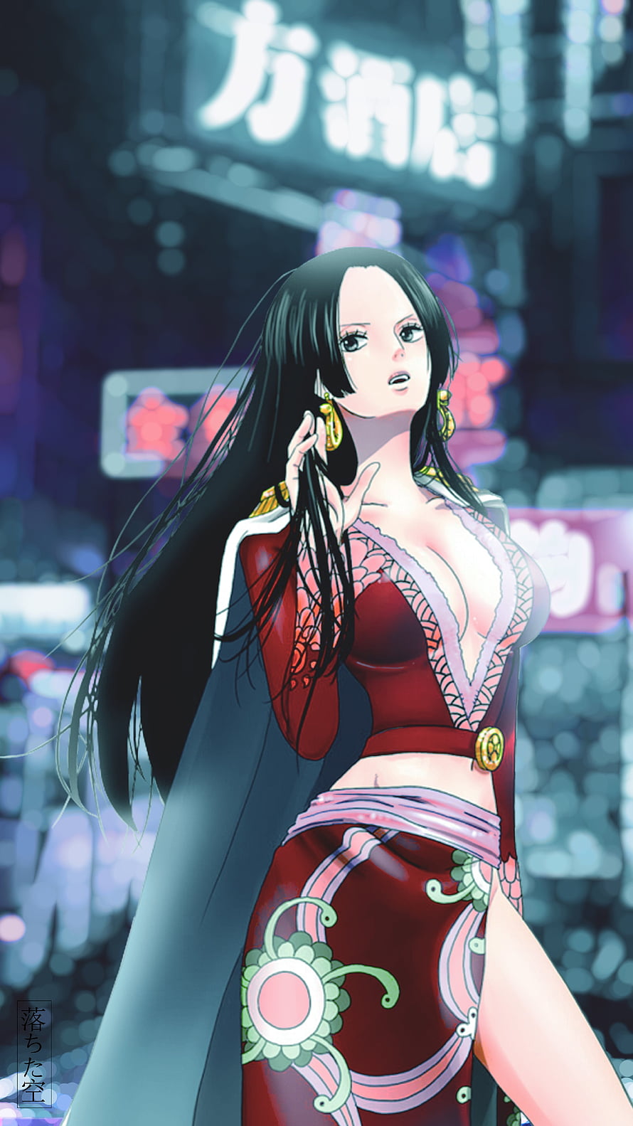 Boa Hancock One Piece Anime Character in Red Dress Standing in Neon City Night HD phone wallpaper