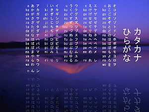 Japanese Hiragana and Katakana Chart Over a Misty Mountain at Dusk HD wallpaper