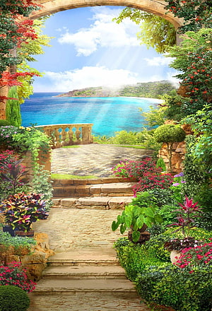 Mediterranean Garden Archway Framing Turquoise Coastal View HD phone wallpaper