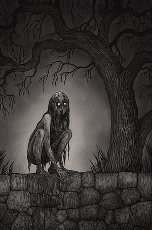 Eerie Long-Haired Creature Crouching on Stone Wall Under Twisted Tree in Dark Horror Illustration HD phone wallpaper
