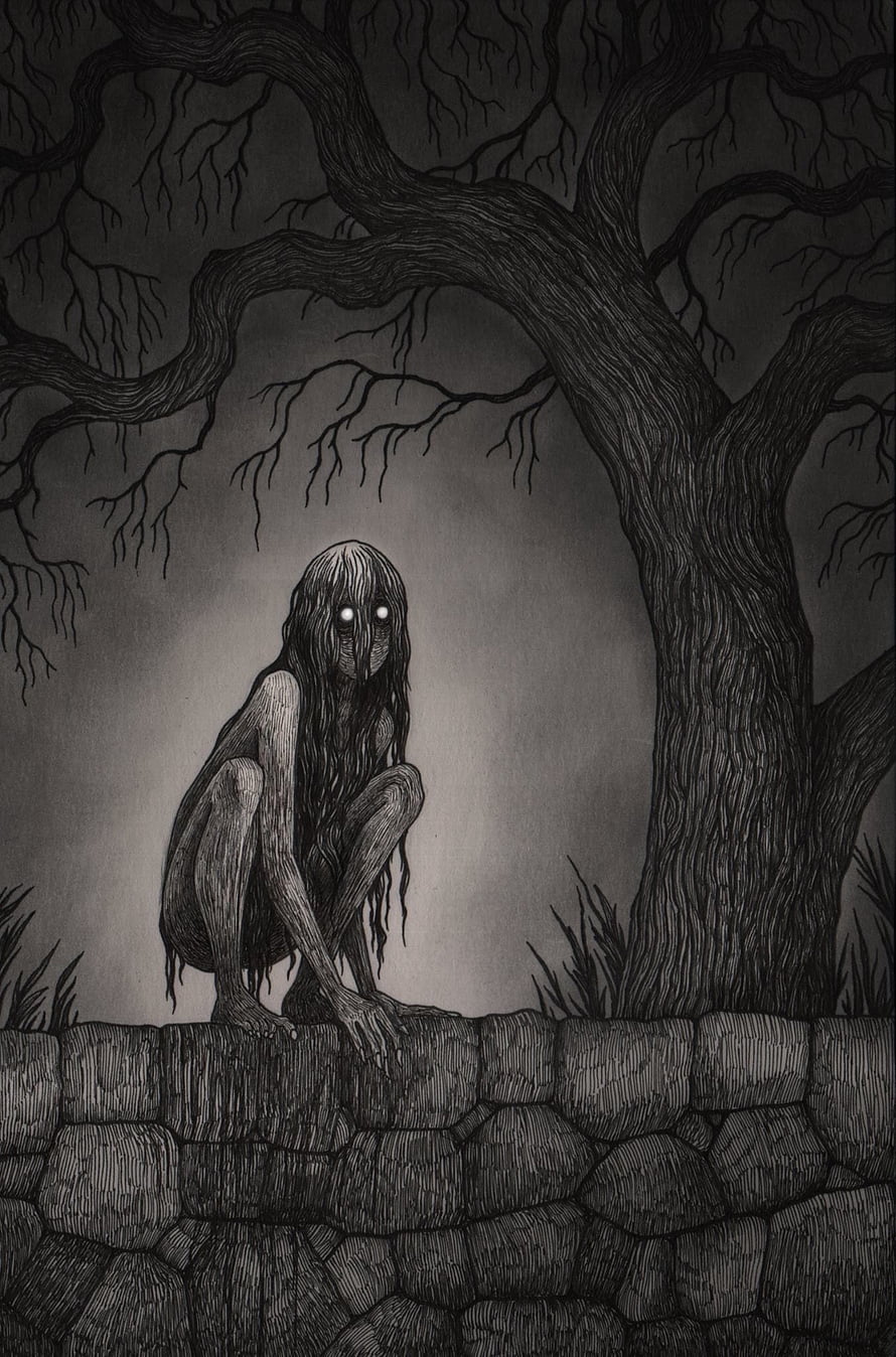 Eerie Long-Haired Creature Crouching on Stone Wall Under Twisted Tree in Dark Horror Illustration HD phone wallpaper
