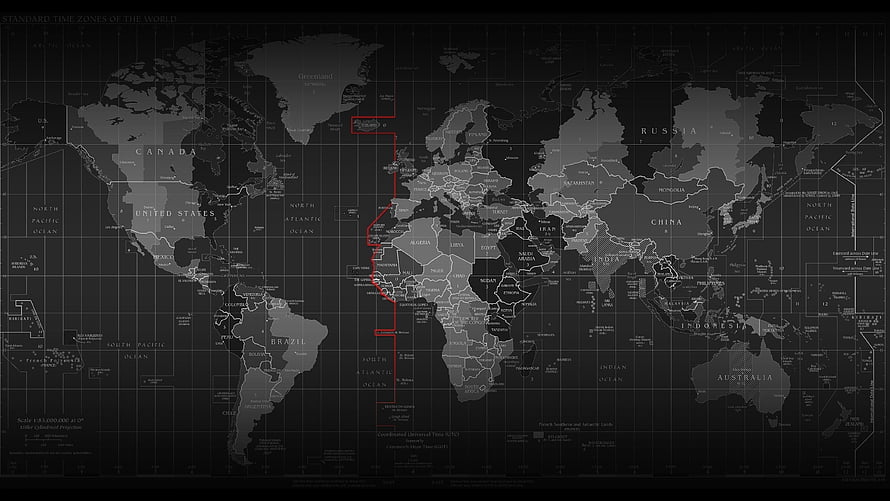 Dark World Map With Red Time Zone Lines And Grid Overlay HD wallpaper