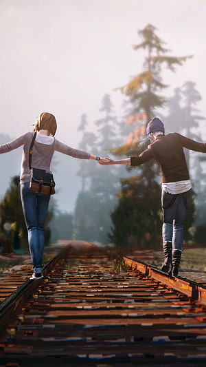 Life Is Strange Characters Walking Hand in Hand on Rusty Train Tracks Through Misty Forest HD phone wallpaper