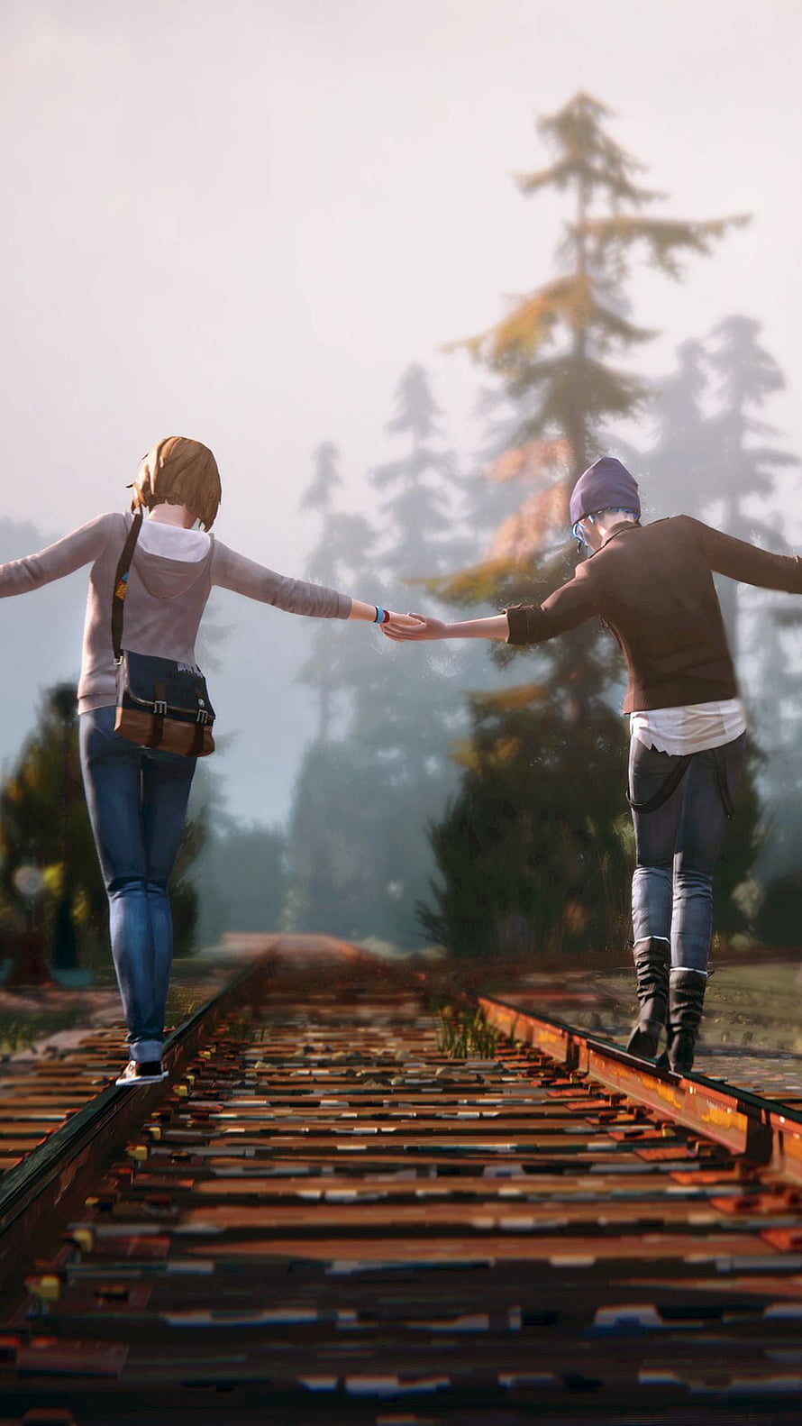 Life Is Strange Characters Walking Hand in Hand on Rusty Train Tracks Through Misty Forest HD phone wallpaper