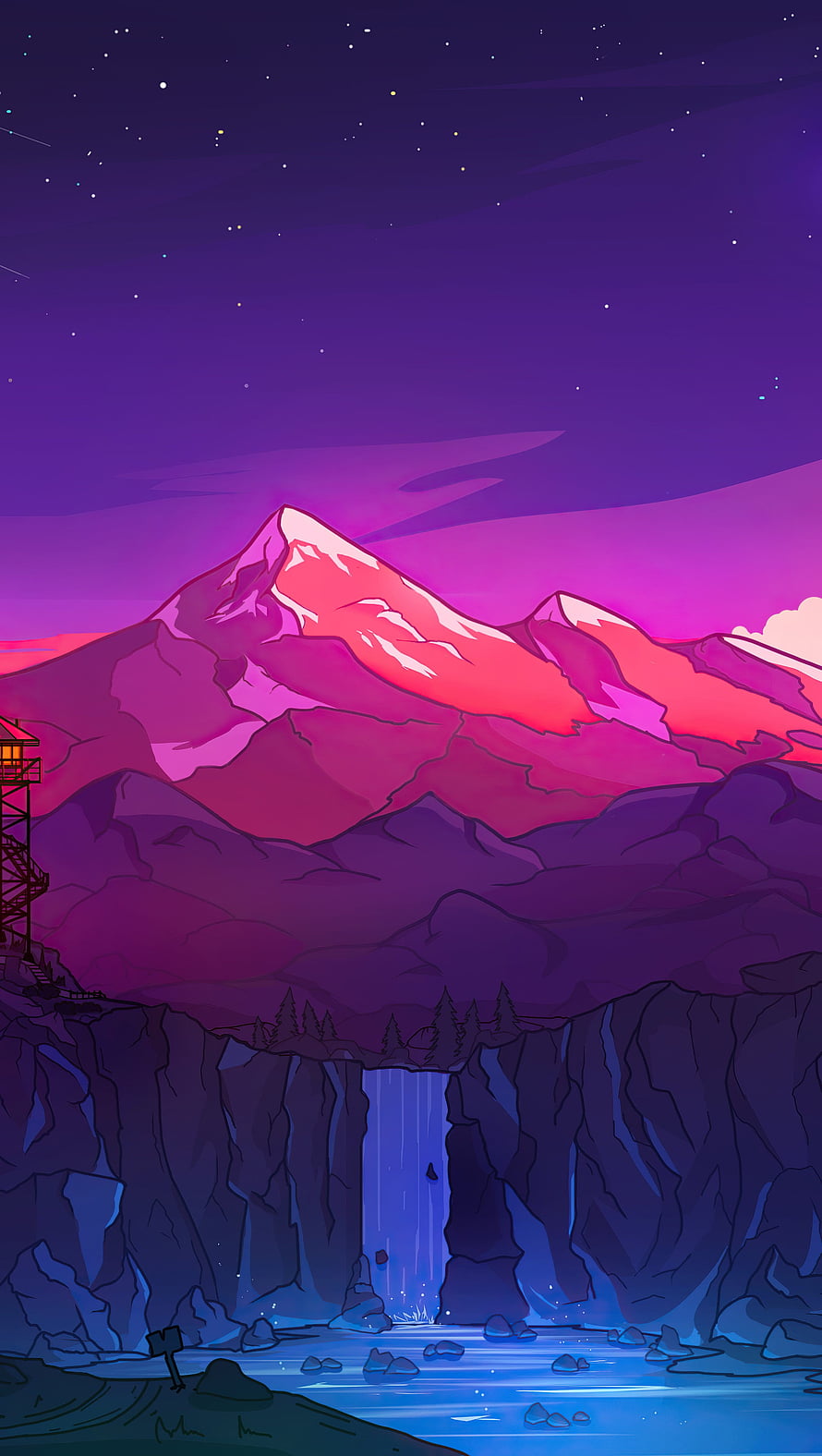 Vibrant Purple Mountain Landscape with Waterfall and Starry Night Sky Digital Illustration HD phone wallpaper