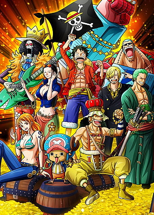 One Piece Straw Hat Pirates Crew Celebrating Treasure Hoard and Gold Coins HD phone wallpaper