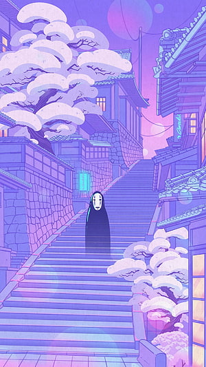 No Face from Spirited Away Walking Up Stone Steps in a Dreamy Purple Japanese Street HD phone wallpaper
