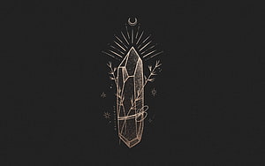 Minimalist Crystal and Crescent Moon Line Art on Dark Background HD wallpaper