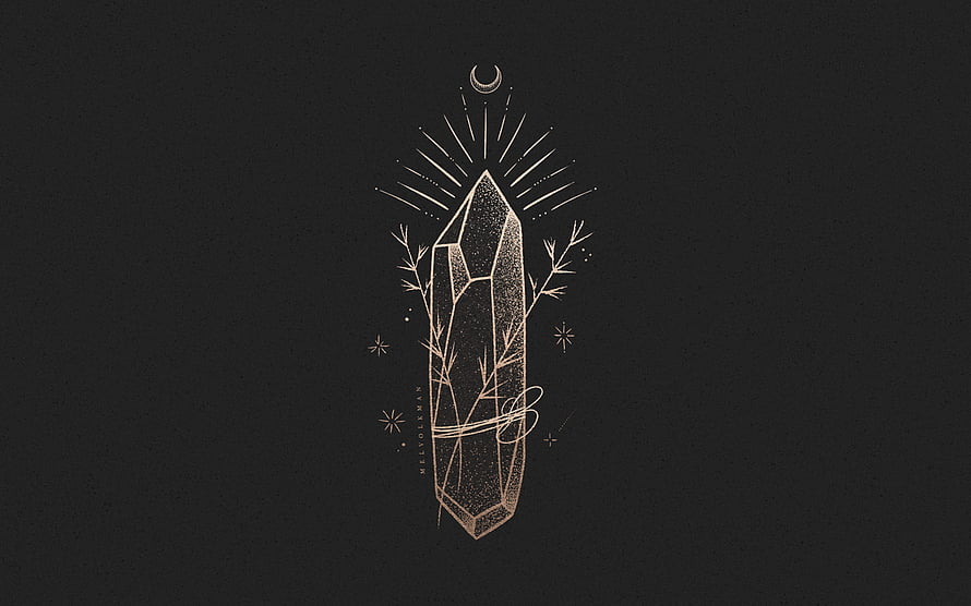 Minimalist Crystal and Crescent Moon Line Art on Dark Background HD wallpaper
