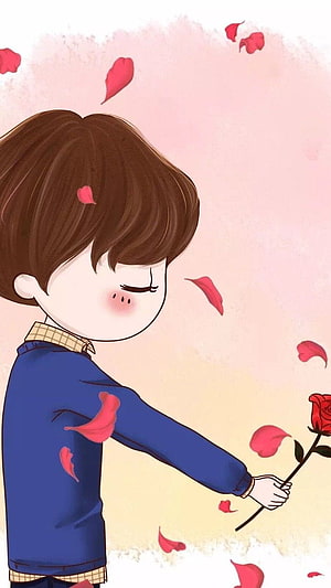 Cute cartoon boy holding a red rose with falling petals in a romantic style, Cartoon Couple on Dog, cute matching HD phone wallpaper